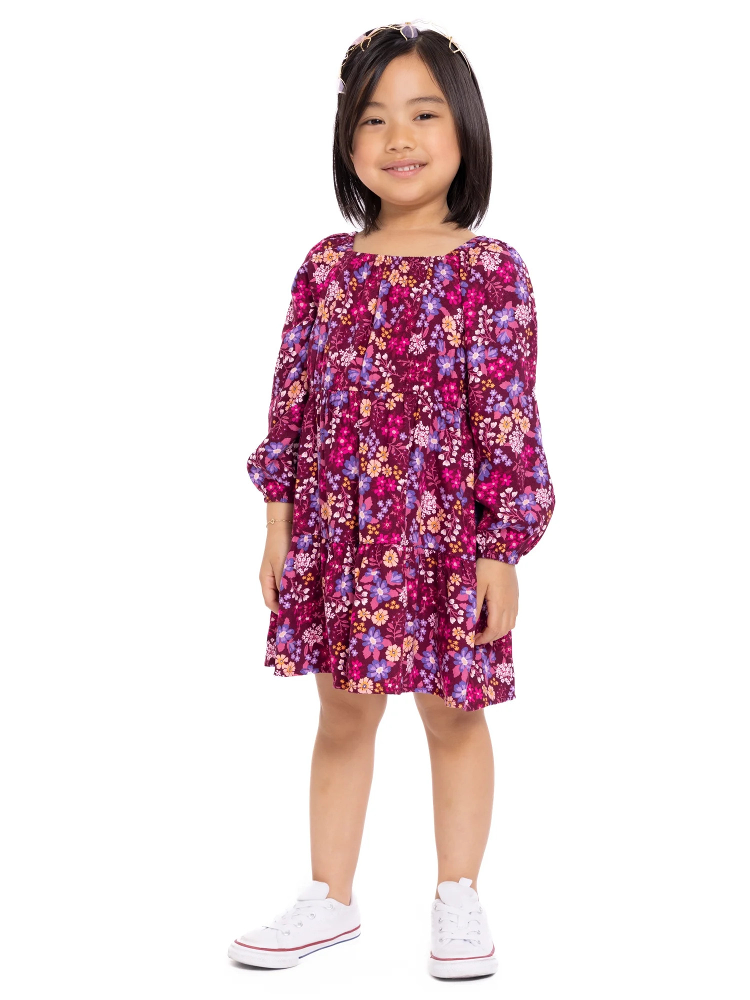 Wonder Nation Toddler Girl Long Sleeve Floral Printed Dress, Sizes 12M-5T | Walmart (US)