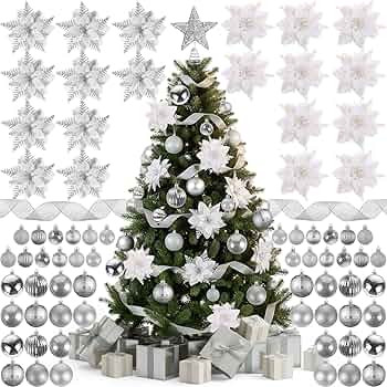 Skylety 104 Pcs Christmas Tree Decorations Set, Silver & White Christmas Hanging Ornament Ball Tr... | Amazon (US)