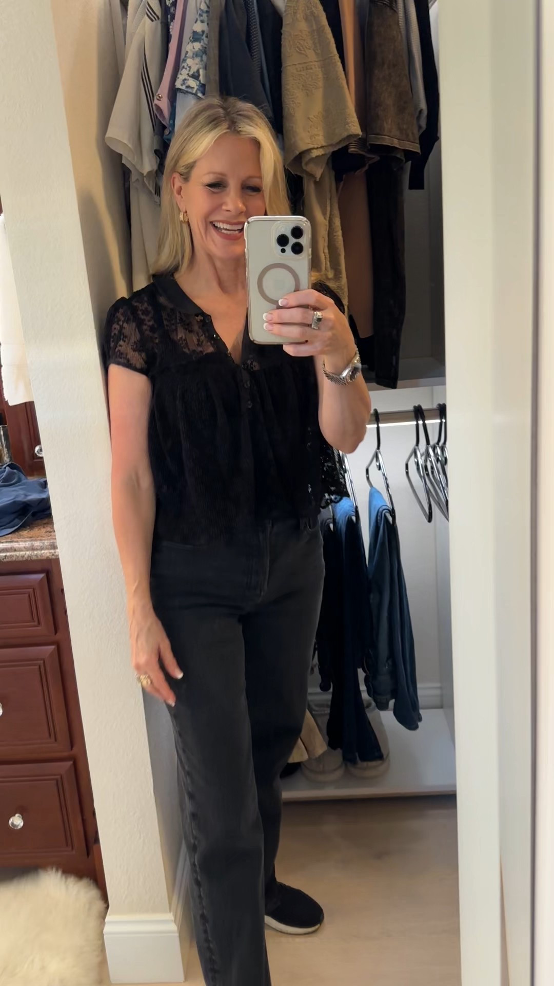 Back in black. Headed to work.  Top from Anthro, jeans from Madewell 😊🍷

Red Carpet of Life, LTK over 50 

#LTKStyleTip #LTKWorkwear