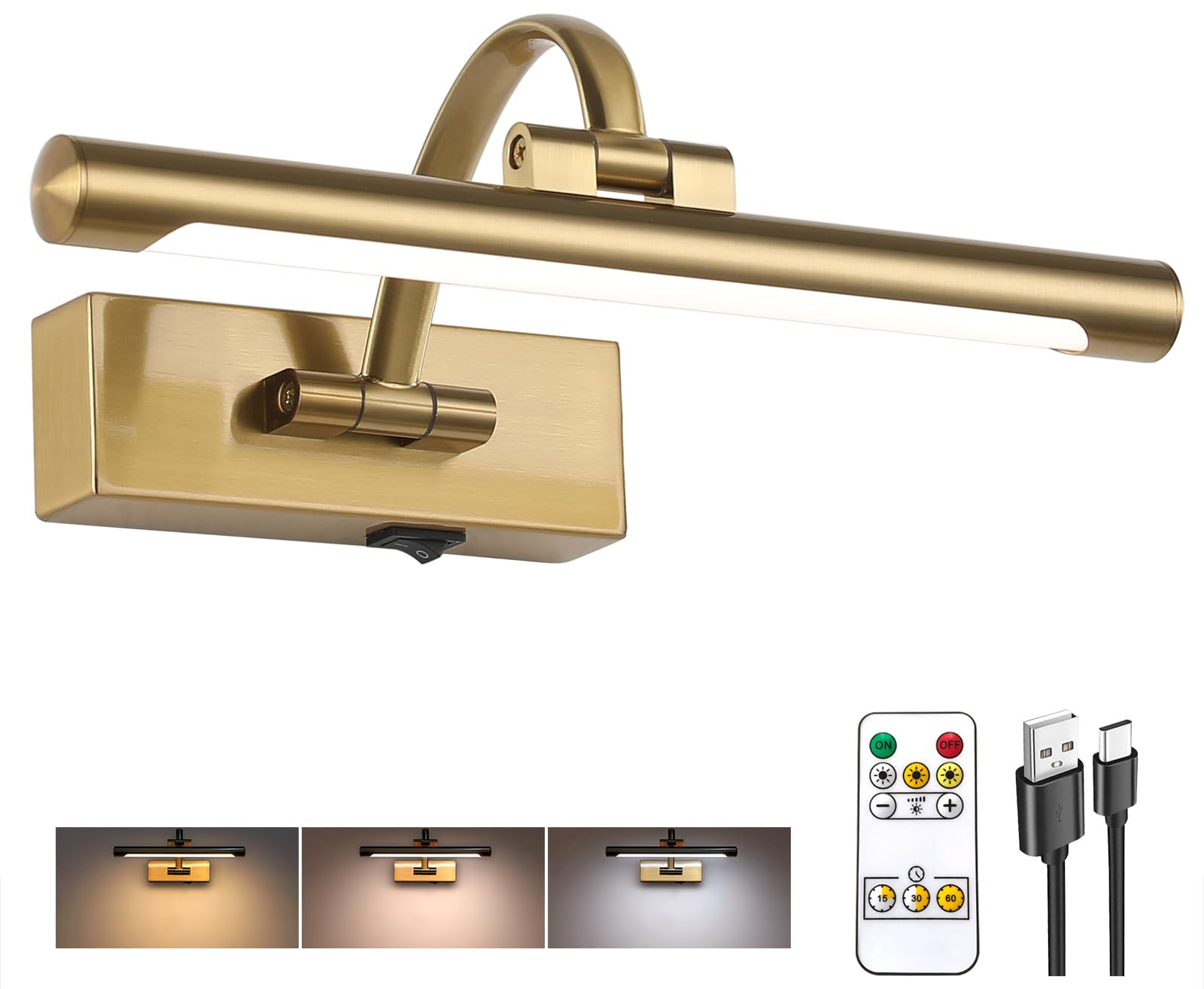 Rechargeable Picture Light with Remote Control,12 Inch Brass Finish Adjustable Wireless Art Lighting Fixture,Painting Lights with Timer,3 Color Temperature and Dimmable | Amazon (US)