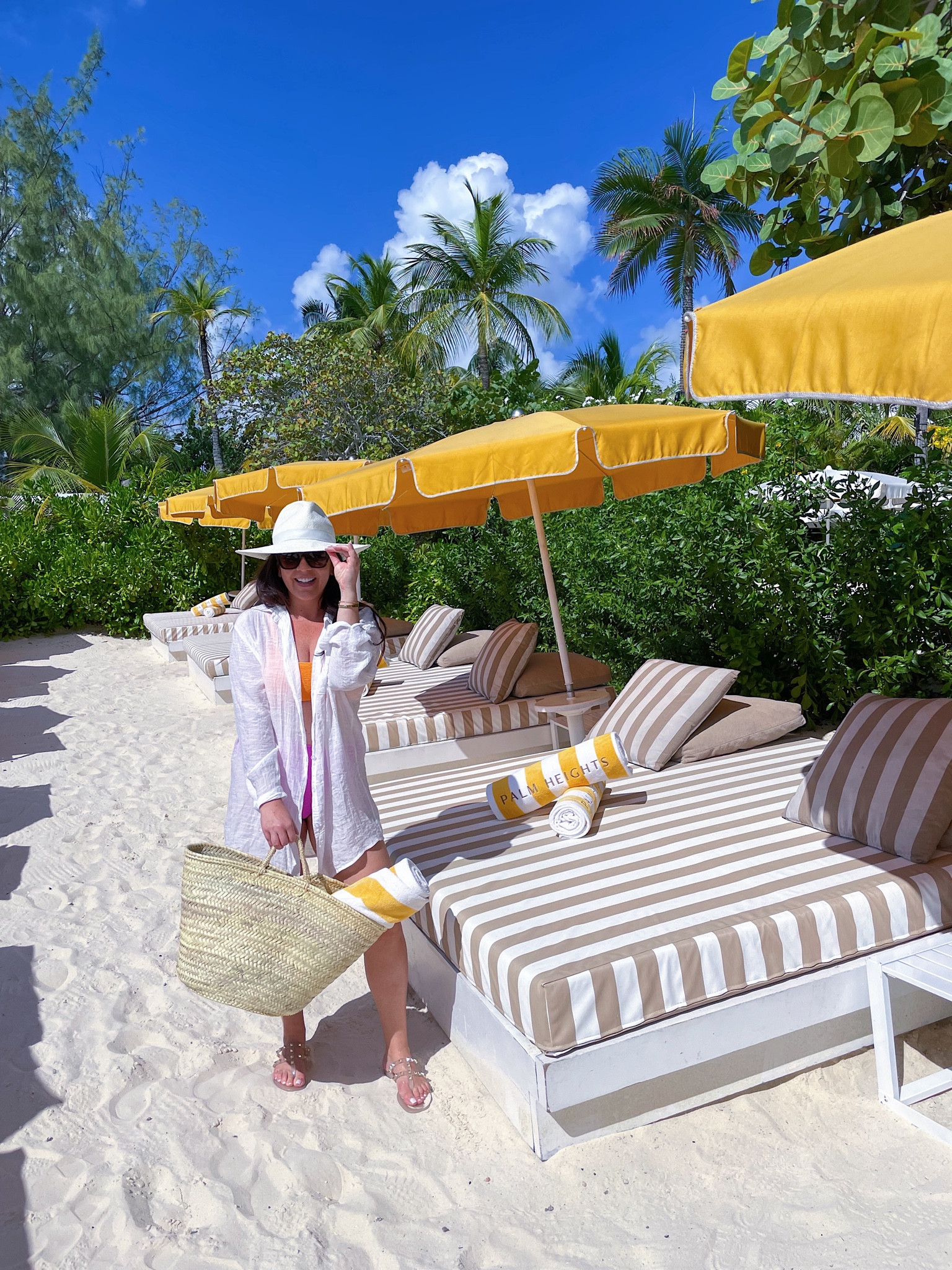 Pop of sunshine! Colorful swimsuit with white cover up and white hat! 

#travel #beach #beachoutfit #beachstyle #bathingsuits #beachhats 

#LTKitbag #LTKtravel #LTKswim
