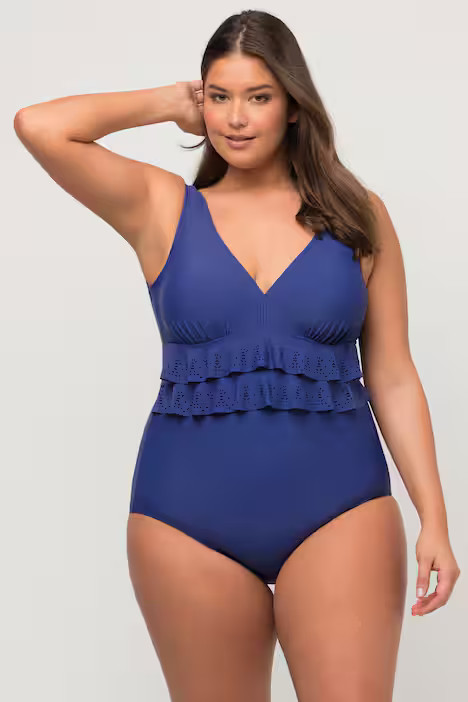 Laser Cut Ruffle Front Lined Swimsuit | Swimsuits | Swimwear | Ulla Popken - US & CA