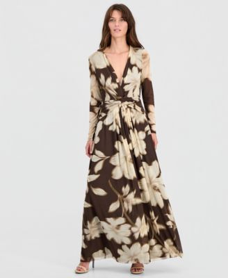 Anne Klein Women's Twist-Front Long-Sleeve Mesh Maxi Dress - MOLASSES MULTI | Macy's