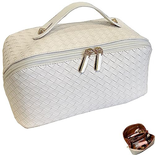 lomkya Checkered Makeup Bag White Large Cosmetic Bag PU Leather Makeup Bag For Women Girls Travel Toiletry Bag With Handle Divider Large Opening Metal Zipper Cosmetic Organizer Leather inside | Amazon (US)