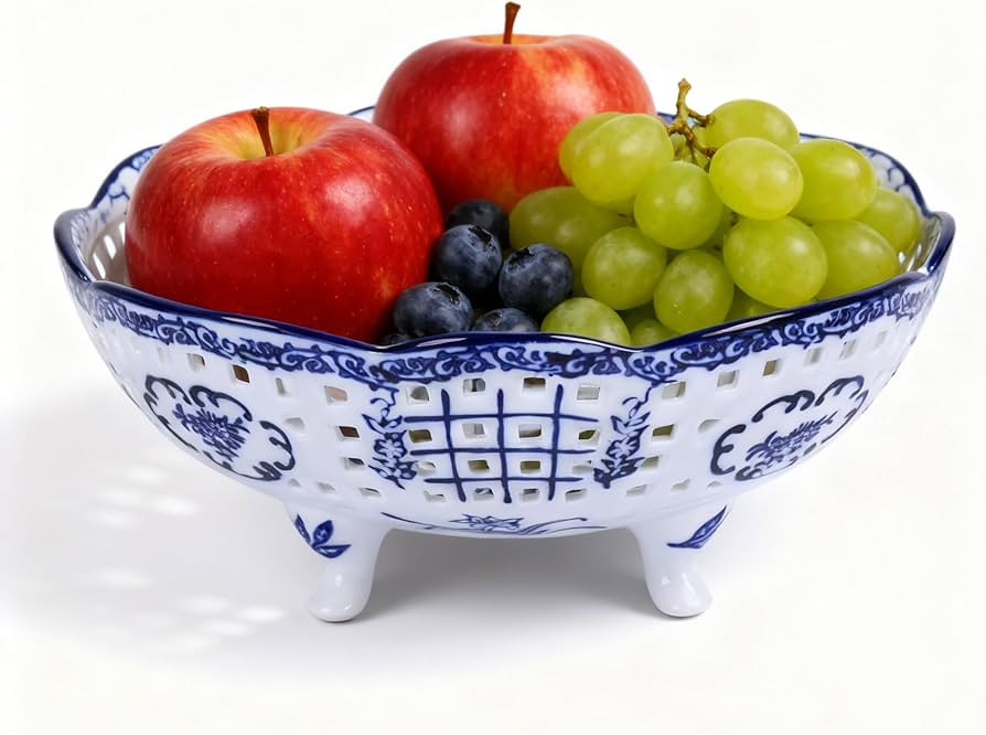 9.8\u2018\u2019 Blue and White Ceramic Decorative Bowl with Feet, Stoneware Berry Colander Fruit ... | Amazon (US)
