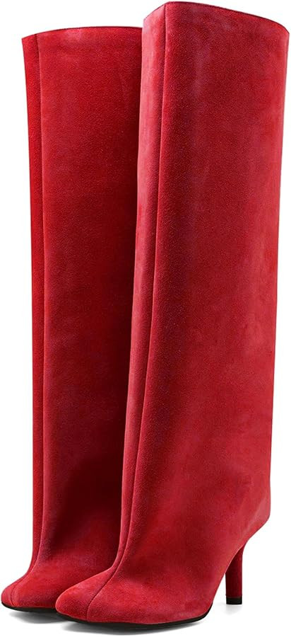 Women's Knee High Suede Boots for Women Wide Calf Square Toe Stiletto Heels Tall Boots Pull On Hi... | Amazon (US)