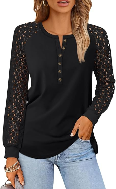 LILLUSORY Womens Lace Long Sleeve Shirts Henley Tops Business Casual Blouses | Amazon (US)