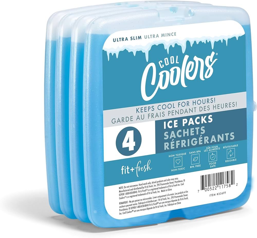 Cool Coolers By Fit & Fresh 4 Pack Slim Ice Packs, Quick Freeze Space Saving Reusable Ice Packs for Lunch Boxes or Coolers, Blue | Amazon (US)