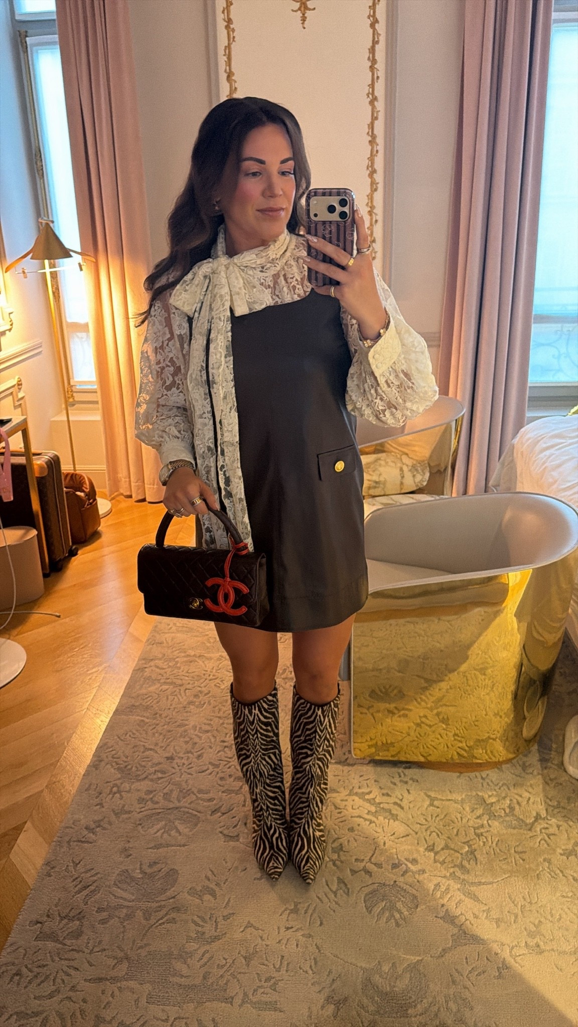 curvy midsize fall look! wearing size medium in lace long sleeve bow top and size 8 in chocolate brown faux leather dress 🤎 obsessed with my zebra boots! they are fabric and so lightweight. what i wore for a day of shopping and eating in Paris!

#LTKSeasonal #LTKMidsize #LTKTravel