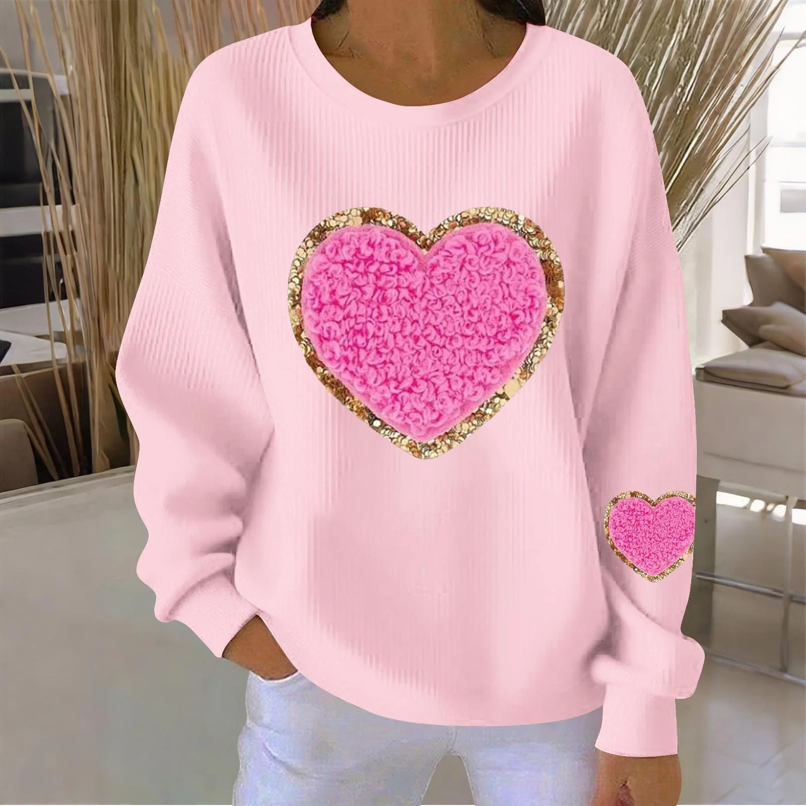 Womens Sweatshirts, Ribbed Knit Pullover Valentine Day Tops Love Heart Print Long Sleeve Crewneck... | Walmart (US)