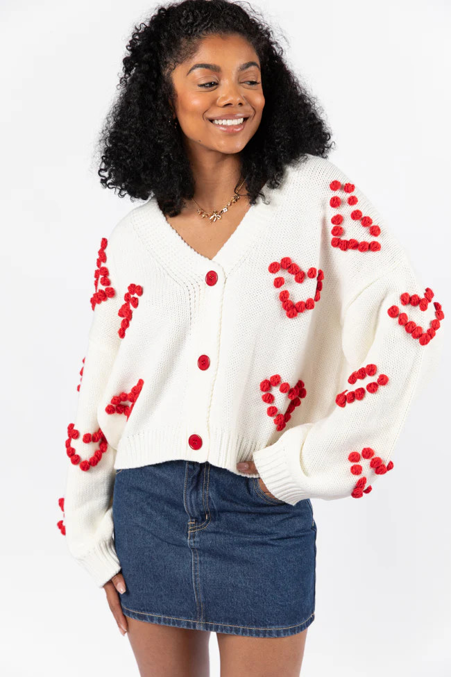 Better Together Ivory Heart Embroidered Cardigan | Pink Lily
