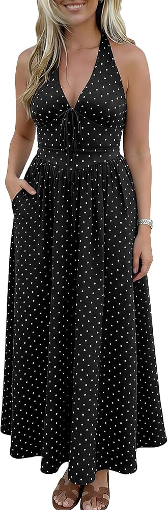 Womens Polka Dot Dress 2026 Spring Summer Halter Cocktail V Neck Maxi Smocked Casaul Long Dresses... | Amazon (US)