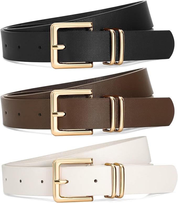 SANSTHS 3 PACK Women Leather Belts for Jeans Pants Dresses Fashion Ladies Waist Belt with Gold Sq... | Amazon (US)