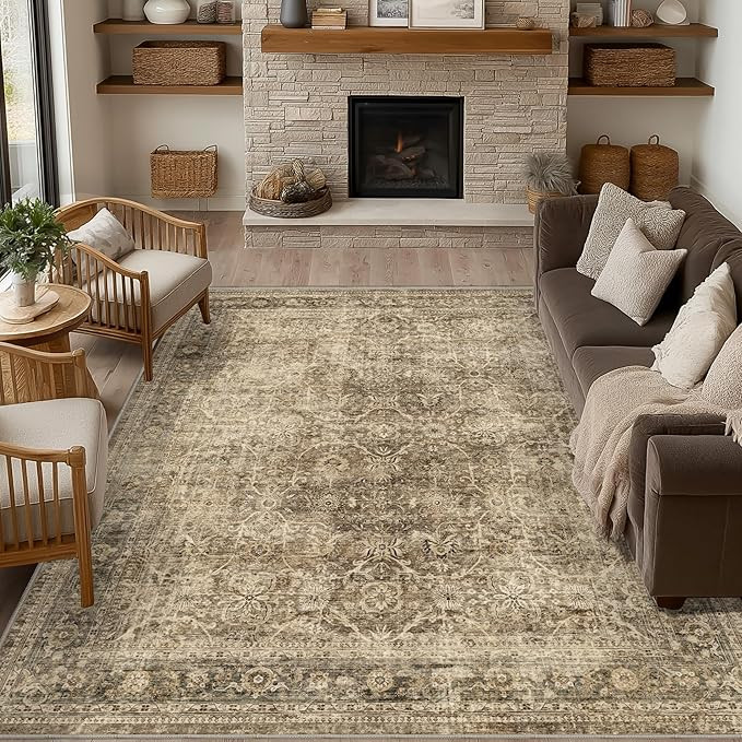 FMFUNCTEX 9x12 Washable Area Rug Brown Vintage Neutral Distressed Large Non Slip Carpet for Livin... | Amazon (US)
