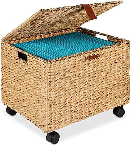 Best Choice Products Water Hyacinth Rolling Filing Cabinet, Woven Mobile Storage Basket, Portable Fi | Amazon (US)