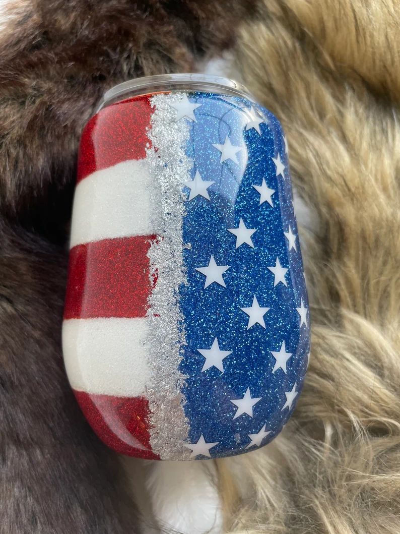 American Flag Red White and Blue glitter 12oz stainless steel wine glass tumbler silver flake Sta... | Etsy (US)