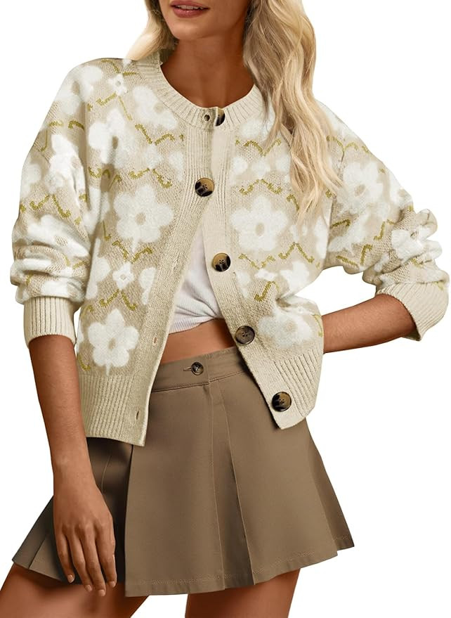 Saodimallsu Womens Floral Cardigan Sweaters Long Sleeve Open Front Button Down Knit Retro Sweater... | Amazon (US)
