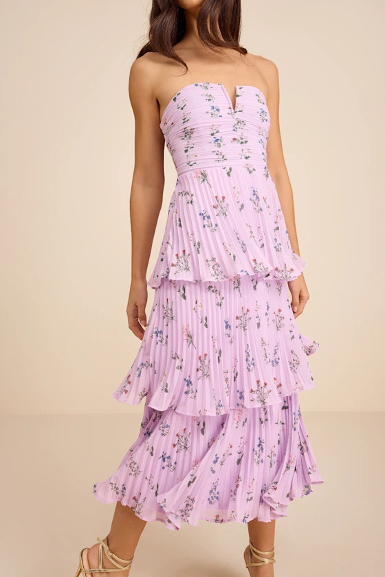 Hadelyn Lavender Floral Pleated Tiered Midi Dress | Lulus