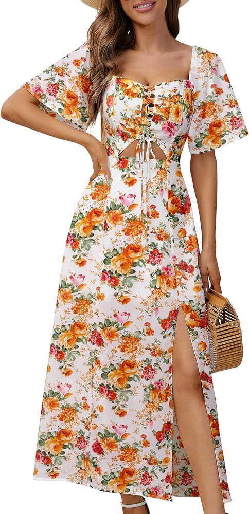 Womens Summer Floral Midi Dress,2024 Casual Boho Dresses Short Sleeve A-line Square Neck Tie Fron... | Amazon (US)