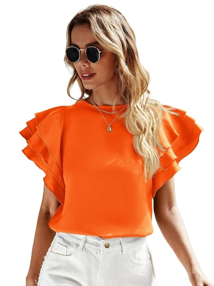 Womens Tops Layered Sleeve Keyhole Back Blouse | Amazon (US)