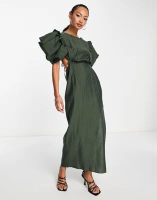 ASOS DESIGN pintuck midi dress with puff sleeve & cut-out waist detail in dark green | ASOS (Global)