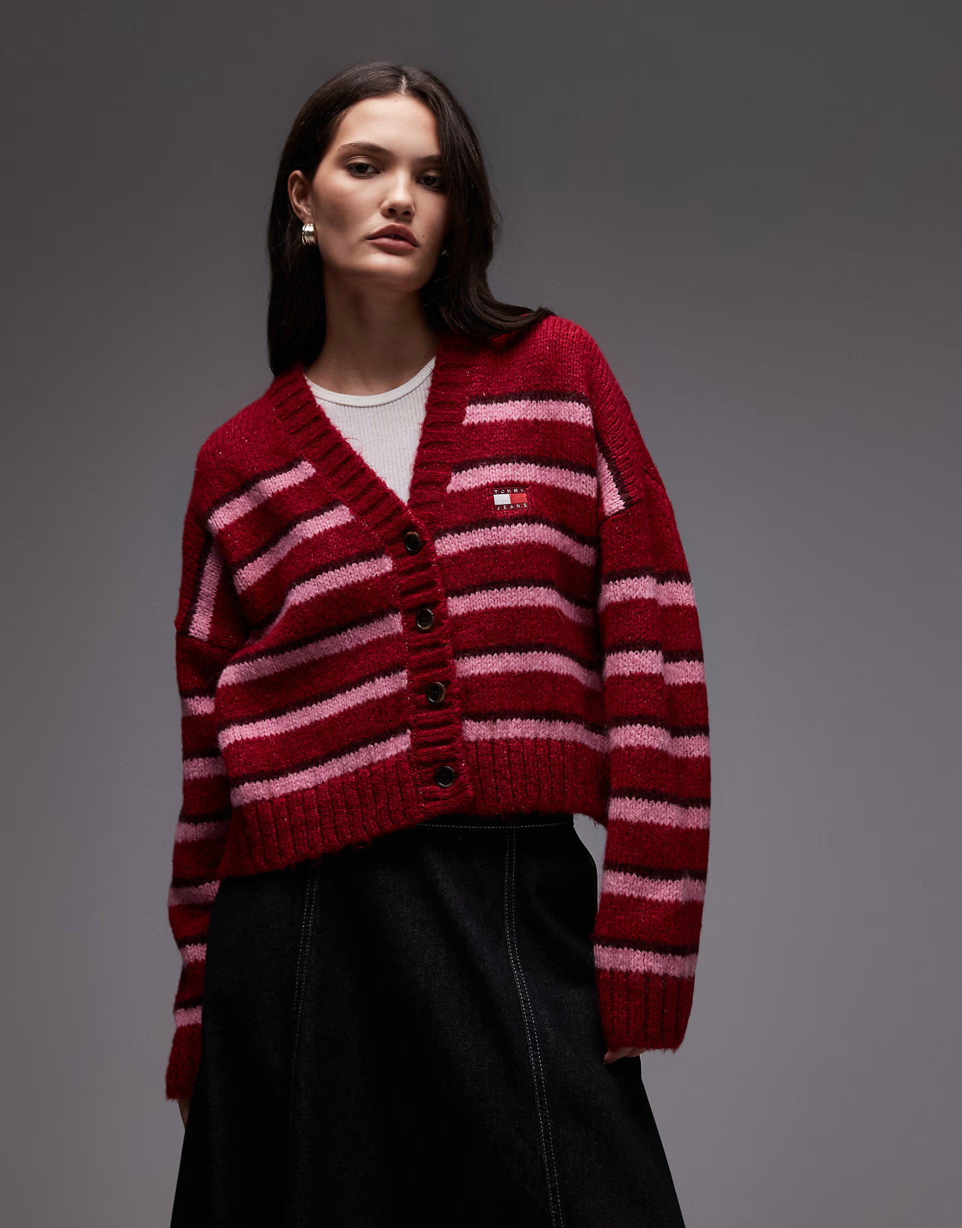 Tommy Jeans fluffy badge cardigan in red and pink stripe | ASOS (Global)