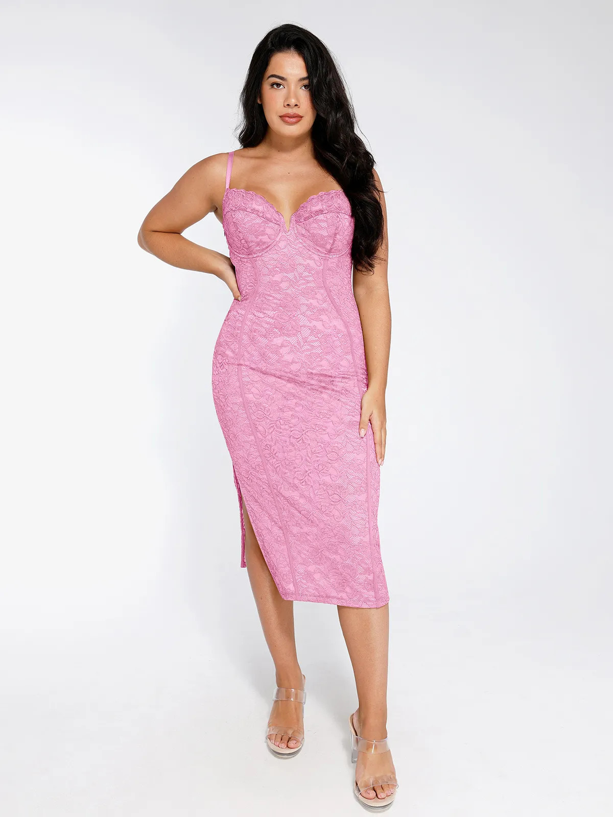 Shapewear All-Lace Hourglass Corset Side Slit Midi Dress - Pink / M | Popilush