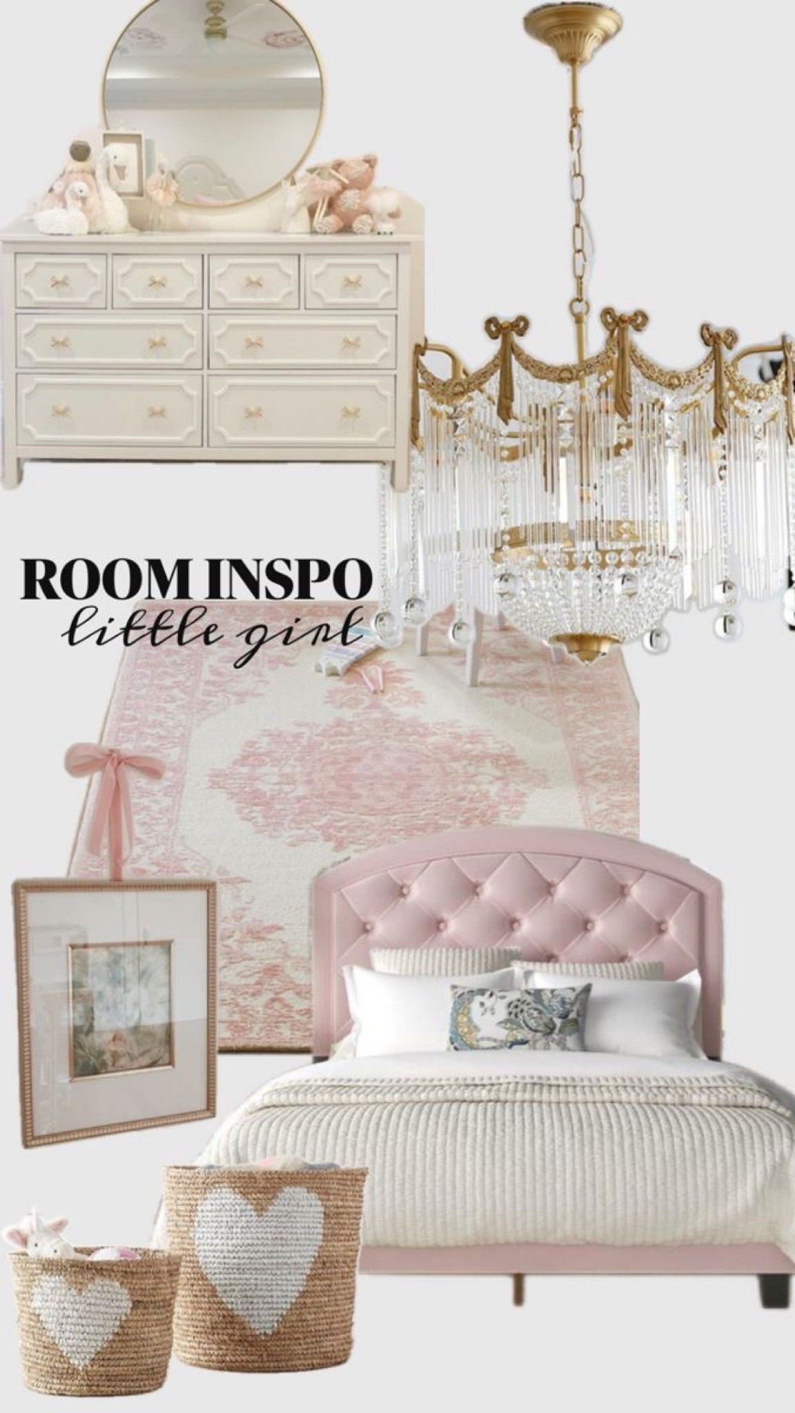 GRANDMILLENNIAL little girl bedroom inspo. Bow dresser handles, bow chandelier, tufted pink bed, heart baskets, delicate details and a pink accent rug pull the room together. 

Wayfair, target, home decor, girl room, toddler bedroom, bow decor, girl bedroom 

#LTKKids #LTKFamily #LTKHome