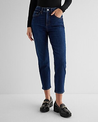 Express Women's High Waisted Dark Wash Straight Ankle Jeans | Express