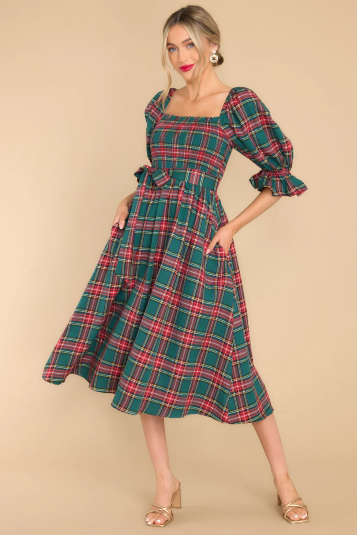 Wishful Wonderland Emerald Plaid Midi Dress | Red Dress 
