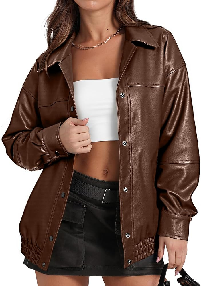 Glamaker Womens Oversized Faux Leather Jacket Fall Outfits Button Down Motorcycle Bomber Jackets ... | Amazon (US)