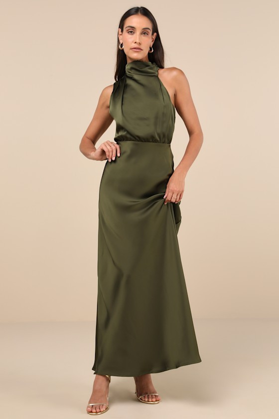 Distinctive Charm Olive Green Satin Asymmetrical Maxi Dress | Lulus