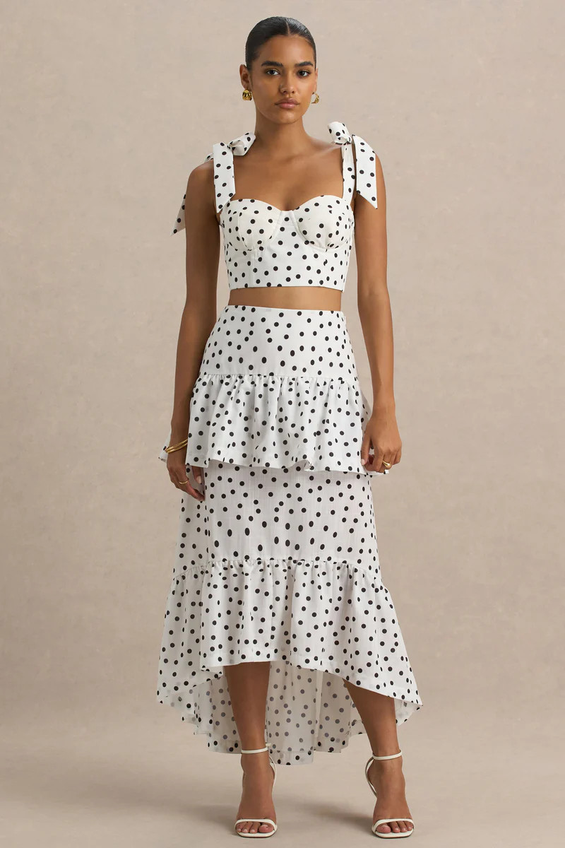 Emry  White Polka Dot High-Waist Maxi Skirt With Ruffle Detail | Club L London