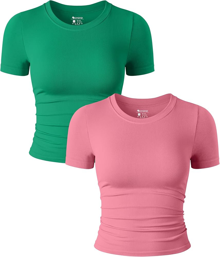 OQQ Womens 2 Piece Shirts Short Sleeve Crew Neck Ruched Stretch Fitted Tee Shirts Crop Tops | Amazon (US)