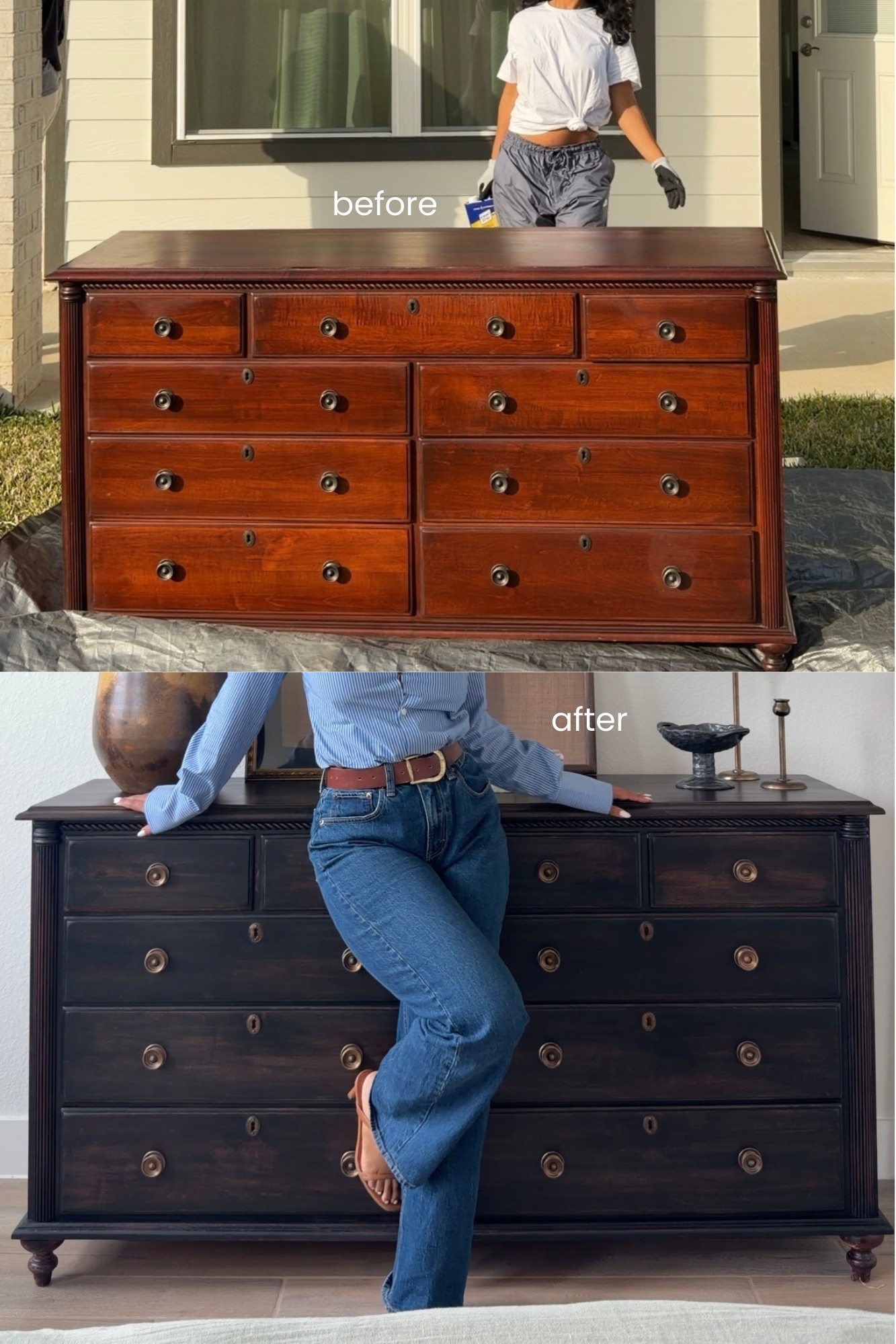 Antique dresser DIY — restained this shiny, orange-y antique wood dresser to a rich ebony with brass style hardware. 

#LTKHome