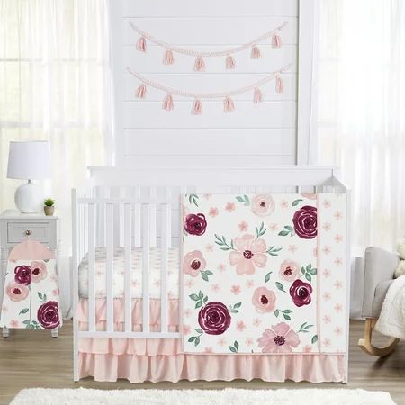 Watercolor Floral Burgundy Wine and Pink 4 Piece Crib Bedding Set by Sweet Jojo Designs | Walmart (US)
