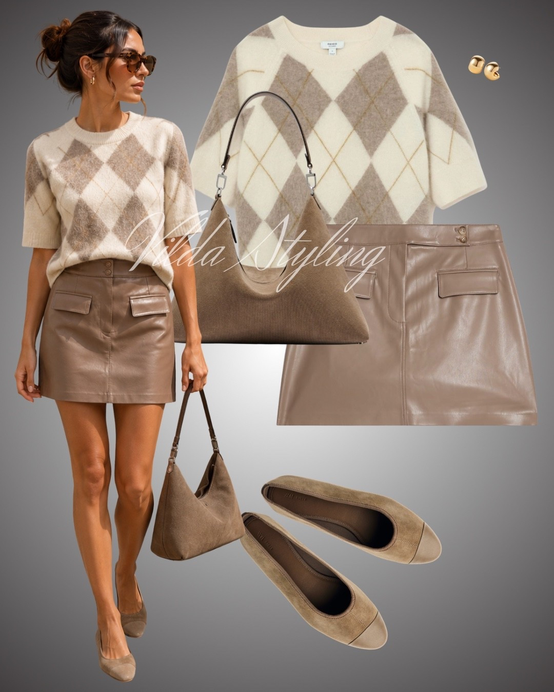 Neutral tones, timeless textures 🤎 An argyle knit paired with a faux leather mini skirt, suede ballet flats and a slouchy bag for an effortless early fall look. 🍂✨ 

#LTKStyleTip #LTKSeasonal #LTKFinds

#LTKautumn #LTKstyletip #LTKshoes