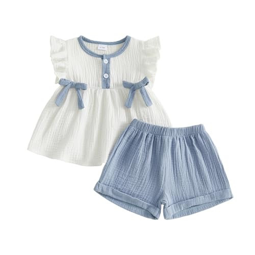 Amnnchya Toddler Girl Clothes Baby Summer Spring Outfits Cute Bow Button Smocked Ruffle Sleeve Tops ＋ Girls Shorts Set (Blue, 12-18 Months) | Amazon (US)
