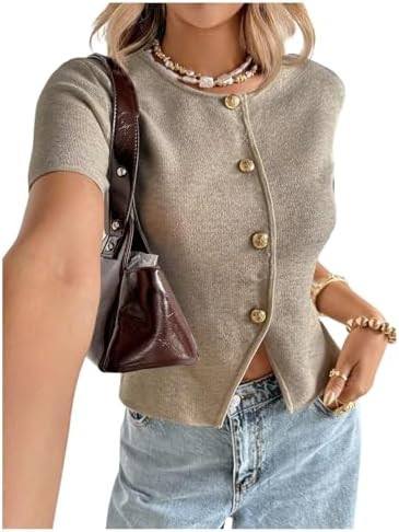 SOLY HUX Women's Button Down Short Sleeve Cardigan Crew Neck Fitted Knit Sweater Tops | Amazon (US)