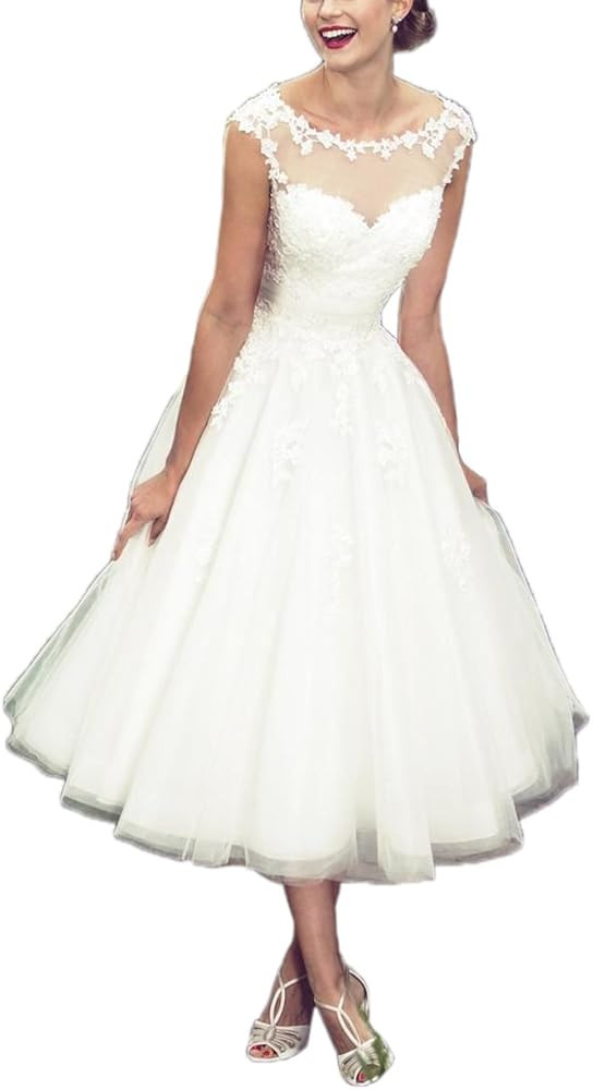 Women's Elegant Sheer Vintage Short Lace Wedding Dress for Bride | Amazon (US)