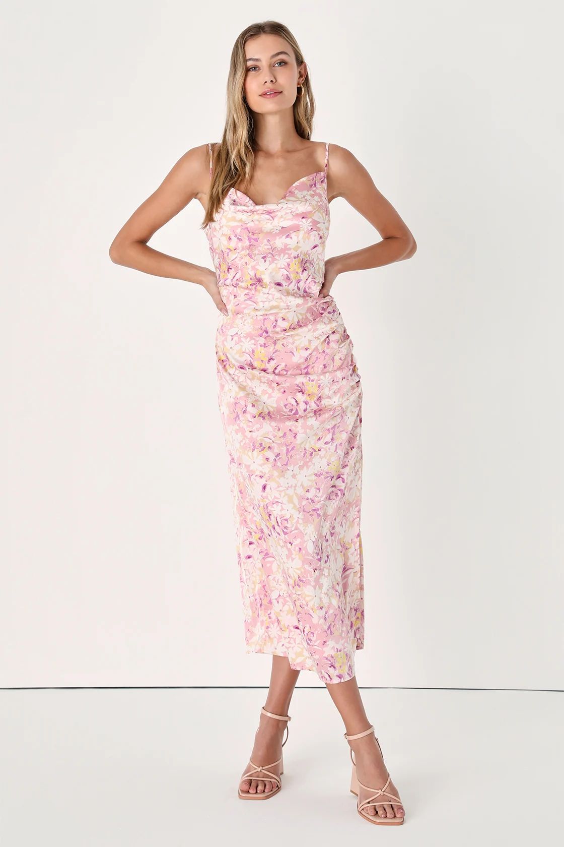 Truest Romance Pink Floral Print Sleeveless Ruched Midi Dress | Lulus