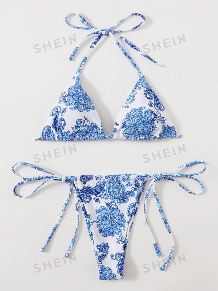 SHEIN Swim BohoFeel Floral & Paisley Bikini Set Triangle Halter Bra & Tie Side Thong 2 Piece Swim... | SHEIN