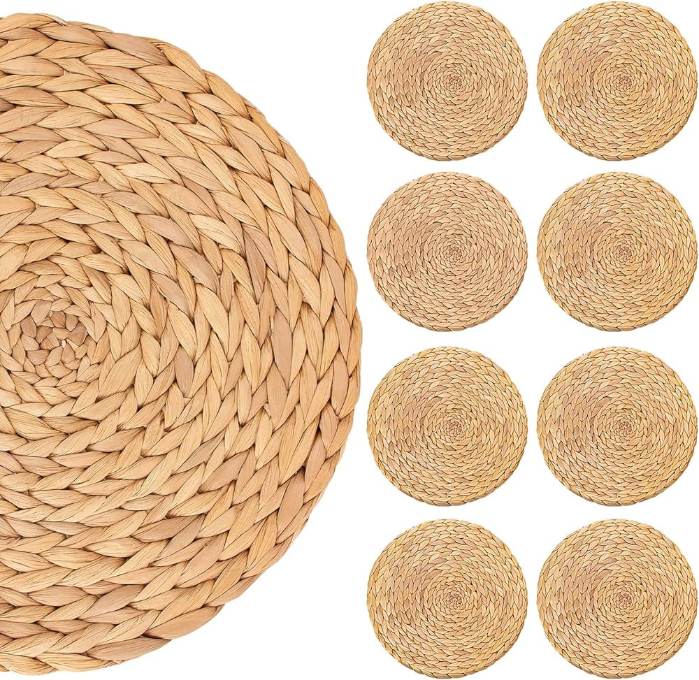 8 Pack Woven Placemats for Dining Table Round Natural Water Hyacinth Placemats Wicker Seagrass Ra... | Amazon (US)