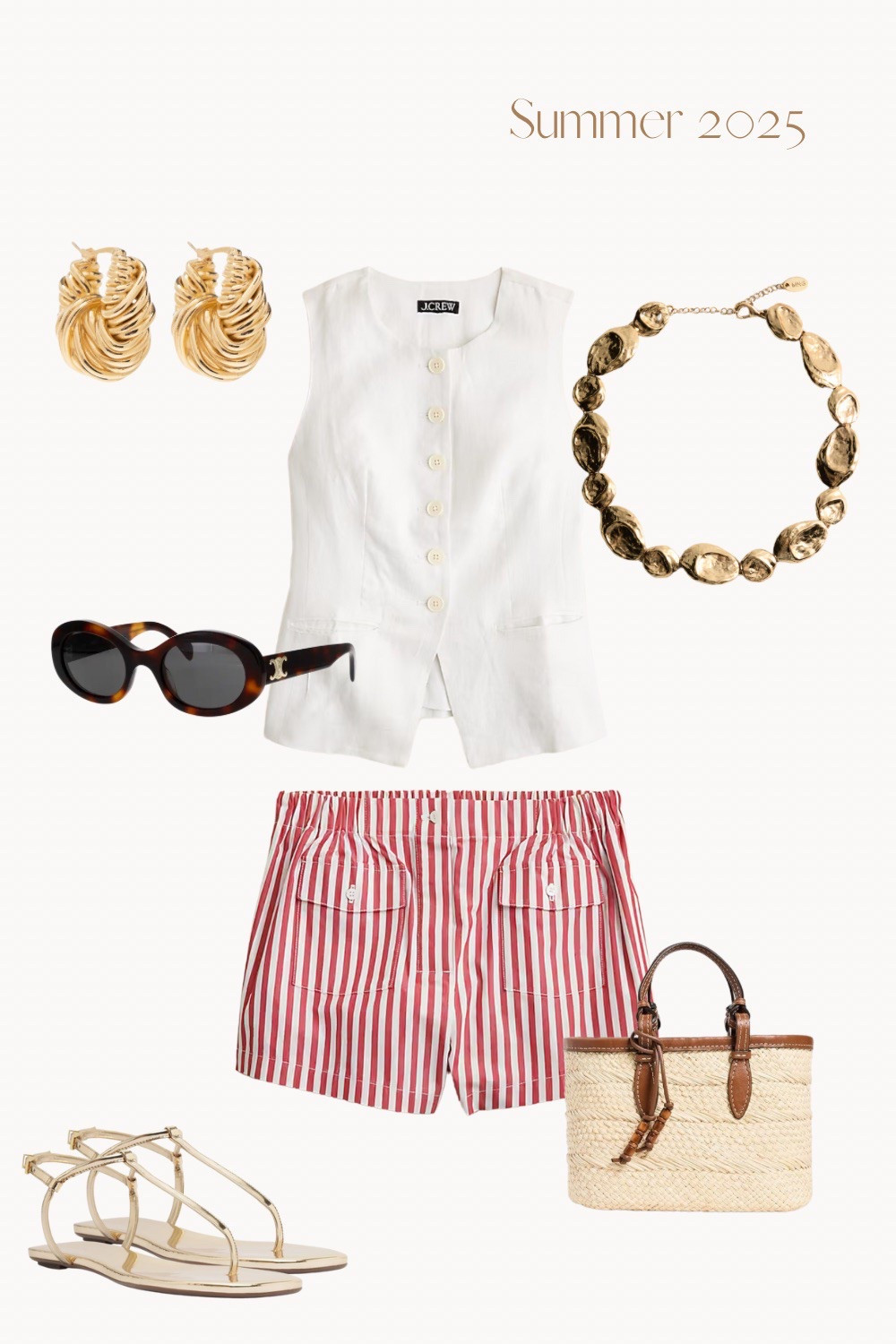 Summer Outfit 2025 white linen waistcoat, stripe shorts, red and white stripes, straw bag, coin necklace, hammered coin necklace, oval sunglasses, gold earrings, metallic sandals, sandals, gold sandals, linen vest, j crew, new arrivals, Memorial Day, 4th of July #LTKstyletip

#LTKFindsUnder100 #LTKSeasonal #LTKItBag