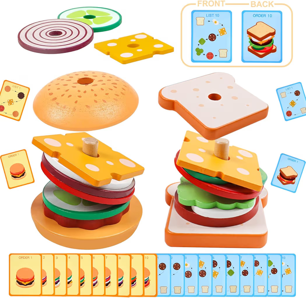 Montessori Toys for 2, 3 Year Old, Wooden Burger Sandwich Stacking Toys for Toddler Educational T... | Amazon (US)
