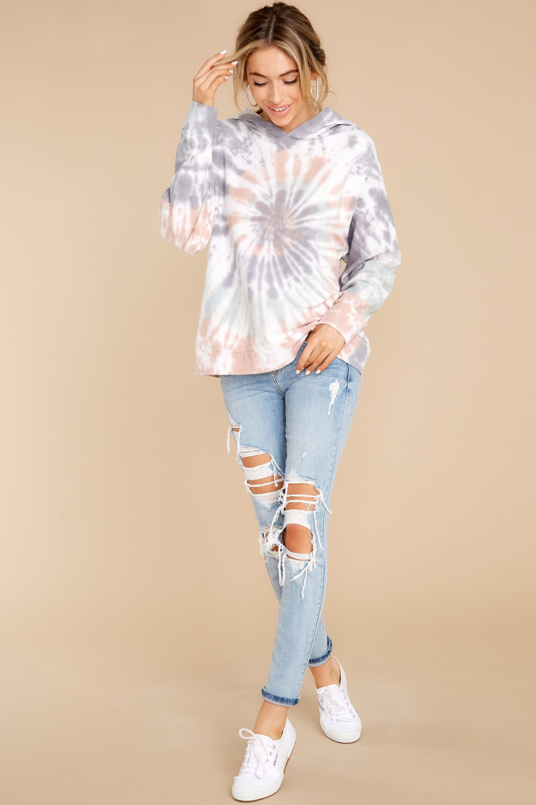 Groovy Adventures Grey Multi Tie Dye Hoodie | Red Dress 