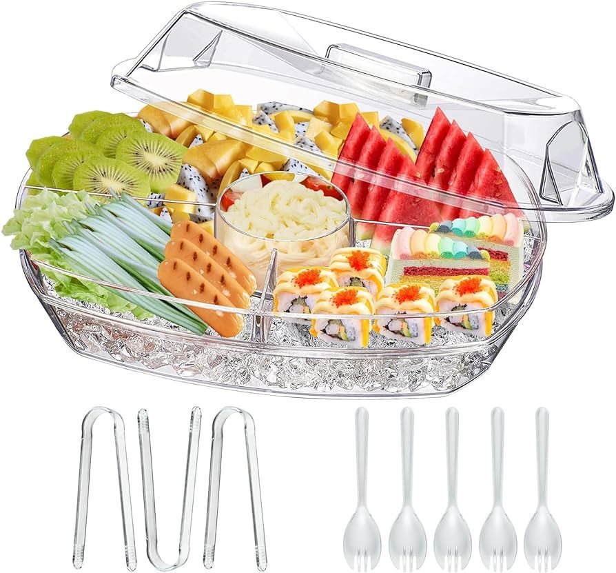 MHEOMTME Ice Chilled Party Platter, 15 Inch Clear Veggie Fruit Trays with Lid and Dip, Cold Food ... | Amazon (US)
