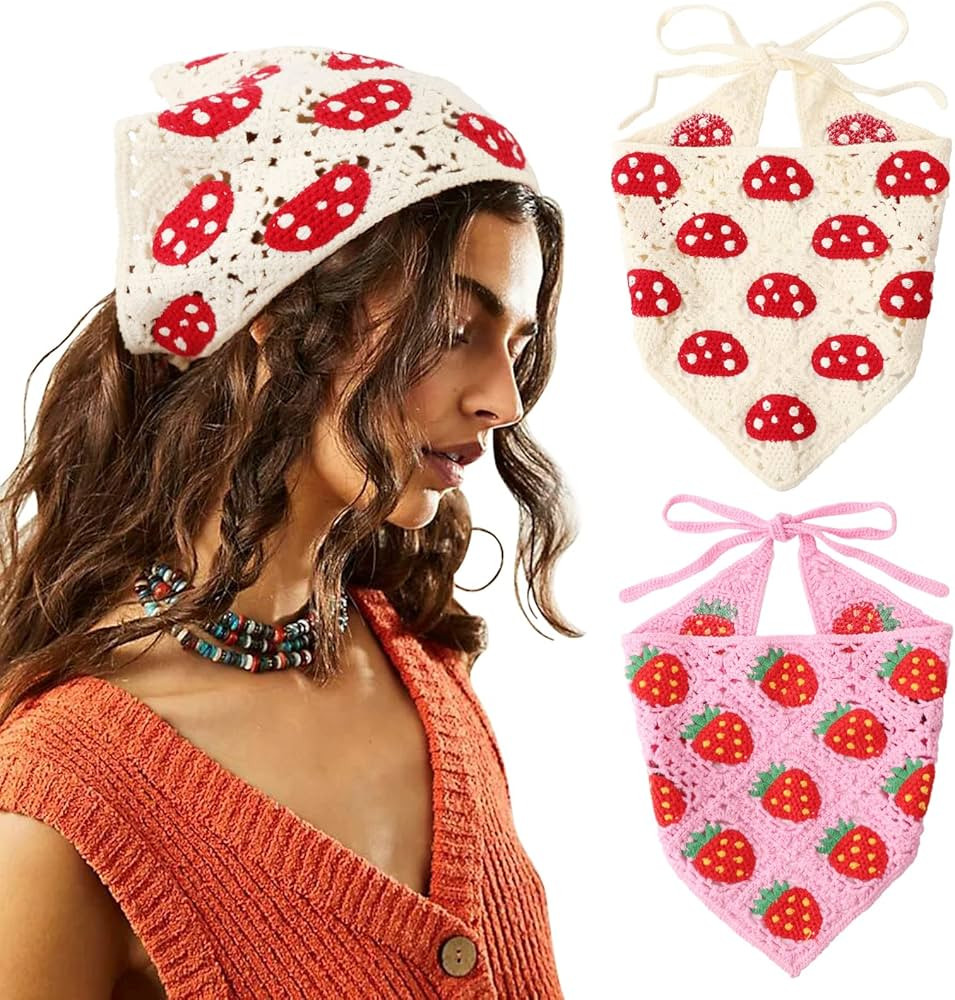 DRESHOW Floral Crochet Hair Bandana 2 PCS Tie Knotted Headscarf Vintage Headband Knitted Head Ker... | Amazon (US)