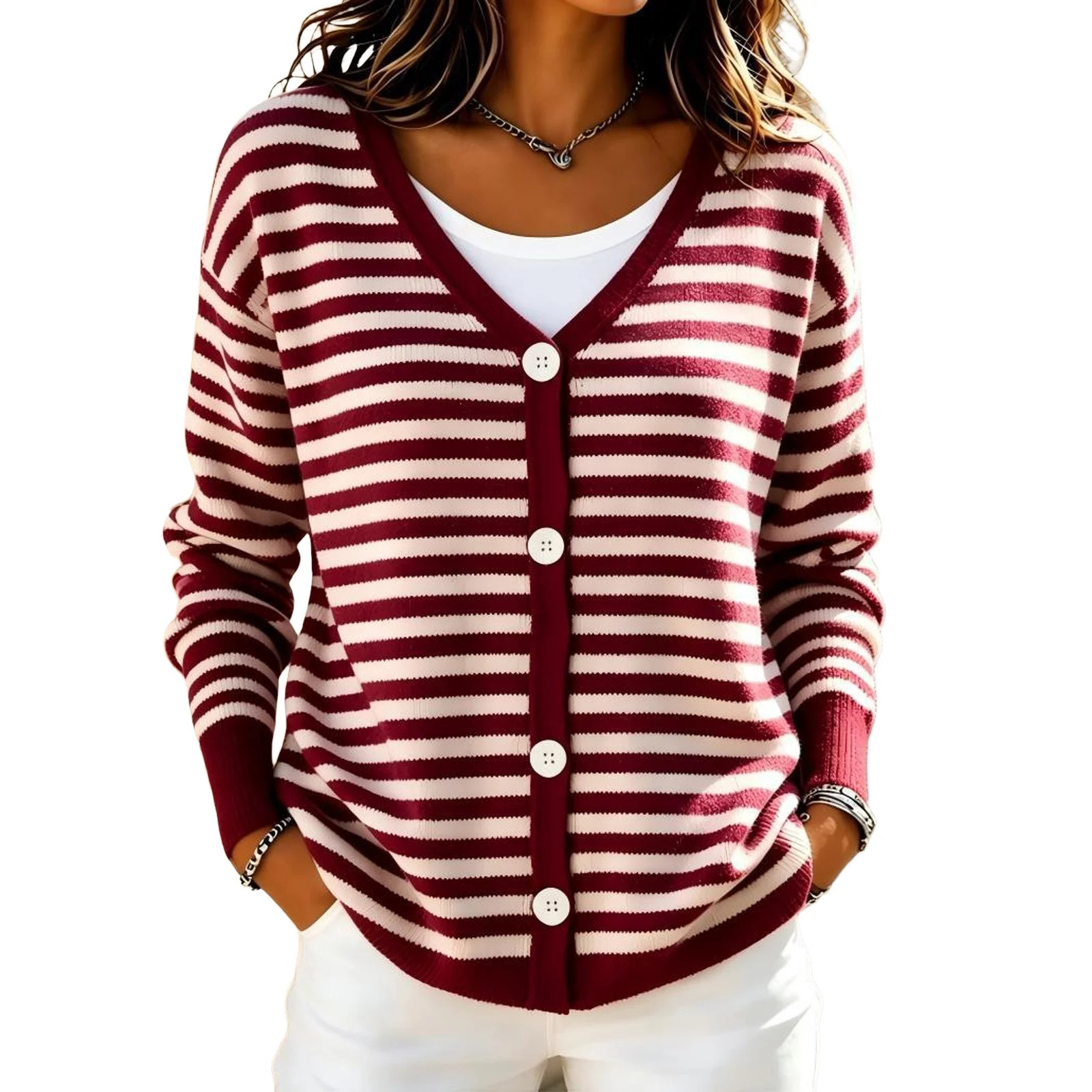 Textilo Sweaters for Women Long Sleeve V-Neck Button Up Cardigans Striped Ribbed Knit Coat Lightweight Soft Cozy Y2k Fall Winter Clothes,Wine L - Walmart.com | Walmart (US)