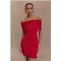 Caspian Slinky And Mesh Off Shoulder Mini Dress - Ruby I MESHKI I Size S | MESHKI US